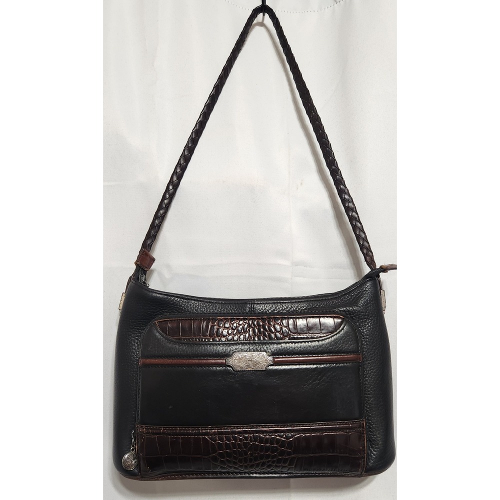 Brighton Black Leather Shoulder Bag Croc Embossed Organizer Wallet Purse Brown